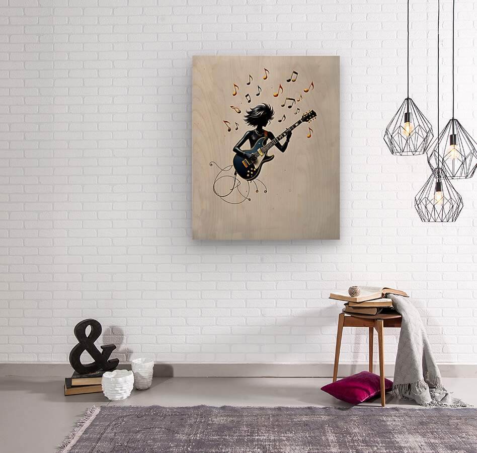 Rock guitarist wall art on wall with electric guitar and floating music notes
