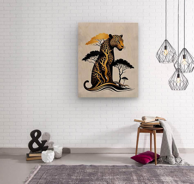 Jaguar wall art print with gold and black tribal design, standing on wavy ground