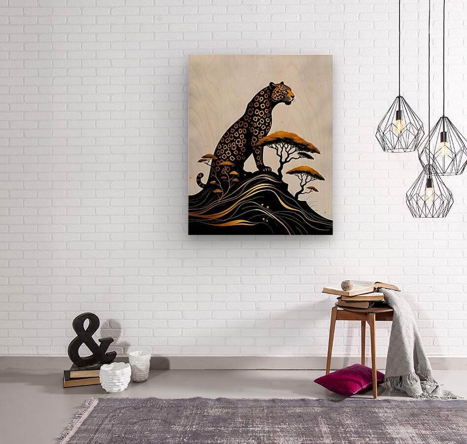 Stylized jaguar wildlife wall art with gold-tinted waves and white tree shapes