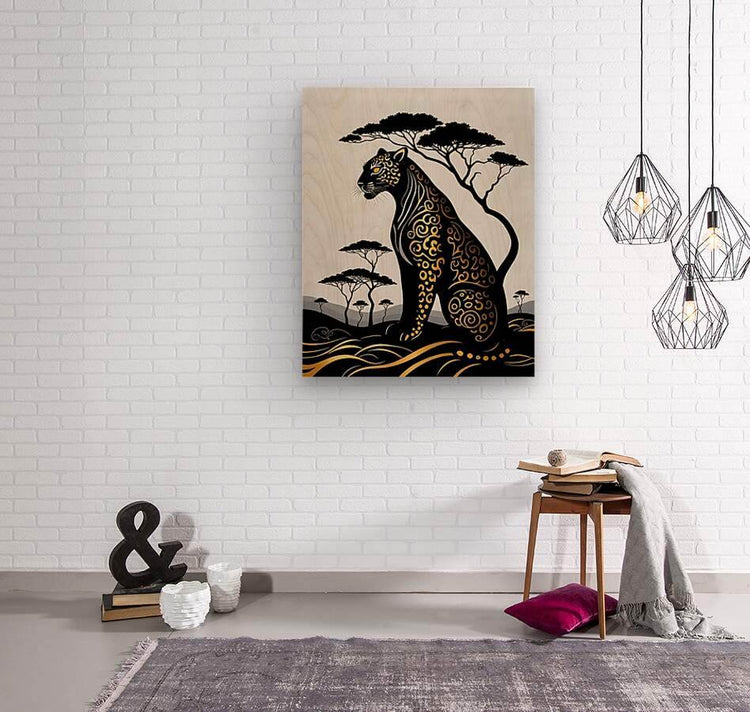 Square leopard art print on beige backing with black trees and gold waves