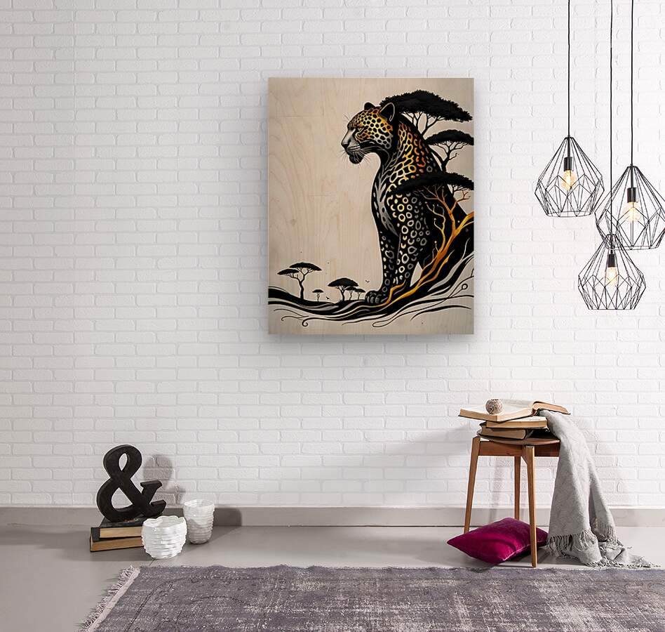Jaguar canvas-style wall art with spotted pattern, black trees, and golden vine accents