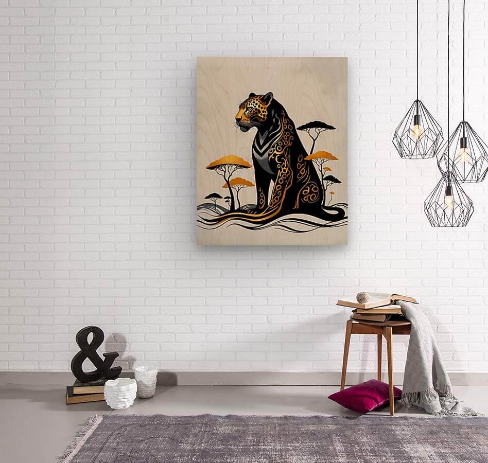 Jaguar wall art print on white wall with black-and-gold jaguar, orange trees, waves