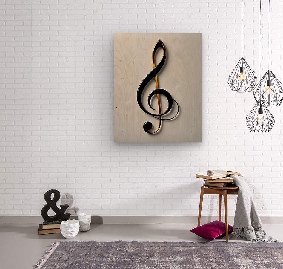 Treble clef wall art on a wooden-toned panel, dark black and gold metal accents