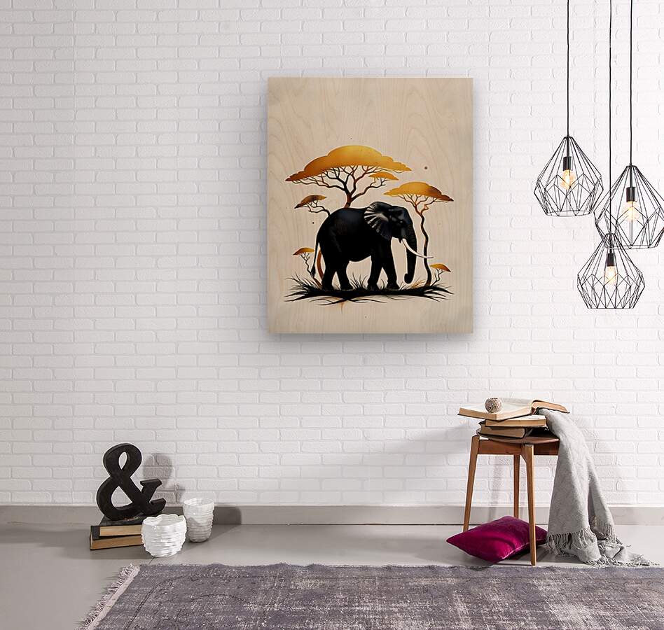 African elephant and acacia trees wall art print; black elephant with golden trees