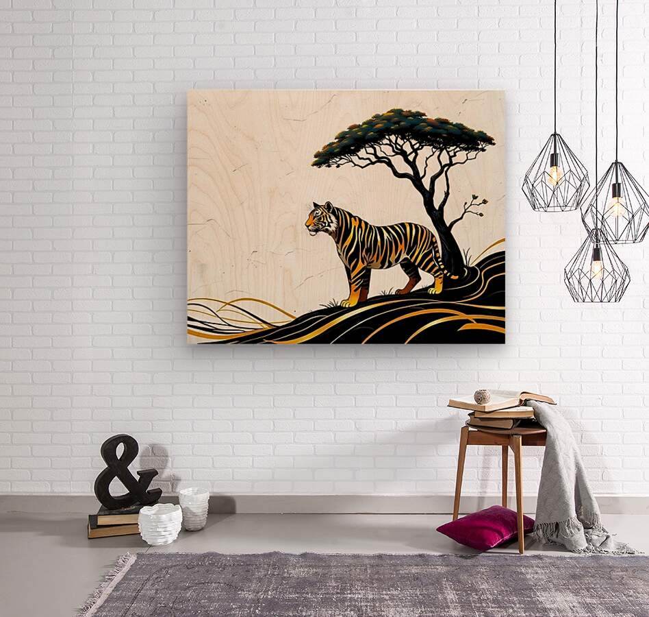 Safari tiger and savannah tree wall art with black and gold wave base