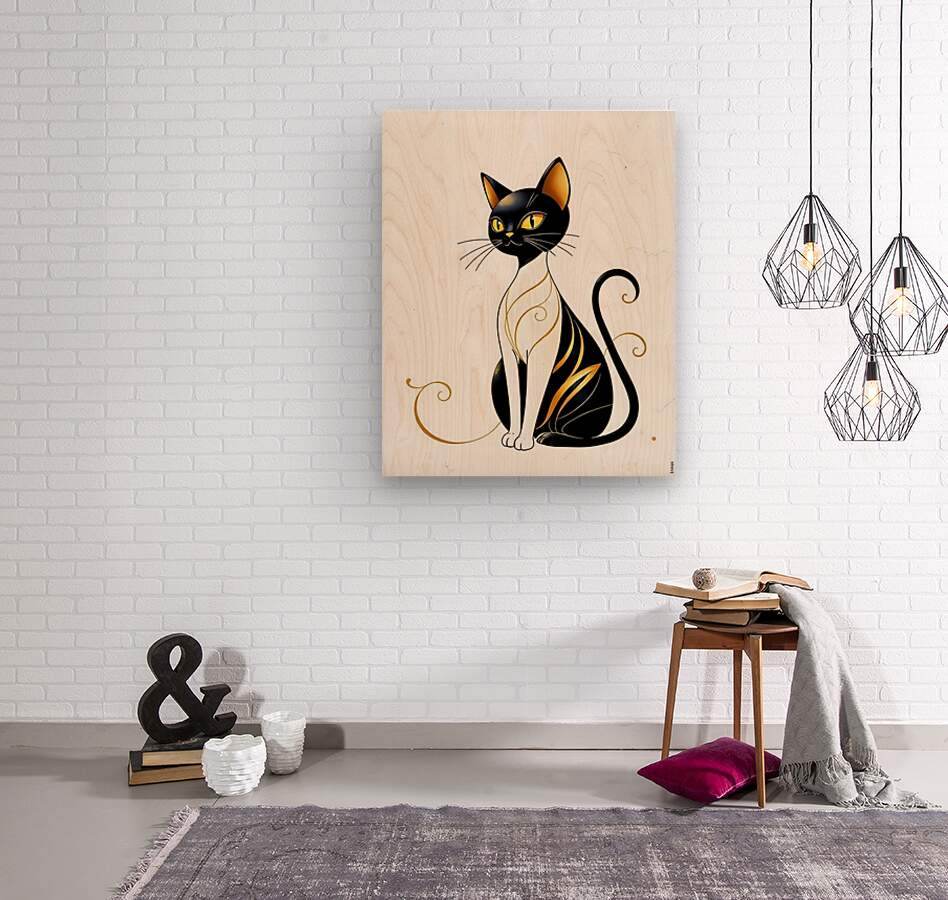 Cat art print on light wood panel, black cat with gold swirls and yellow eyes