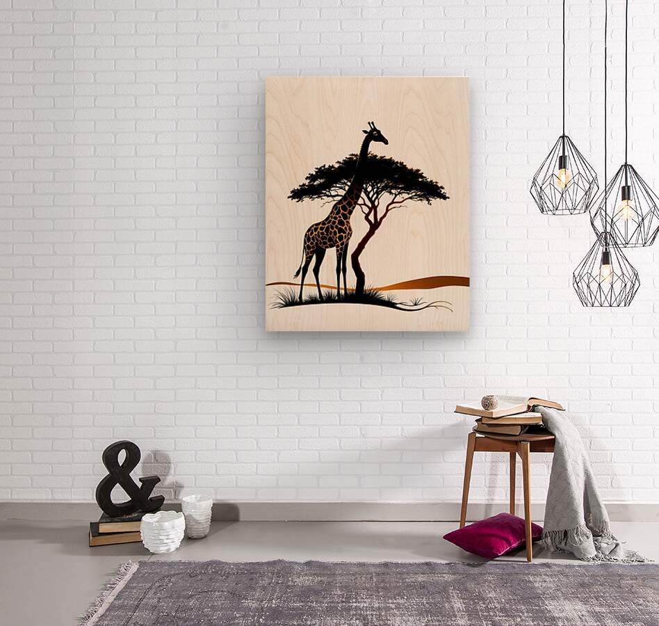 Giraffe wall art on canvas with black tree silhouette and orange ground stripe
