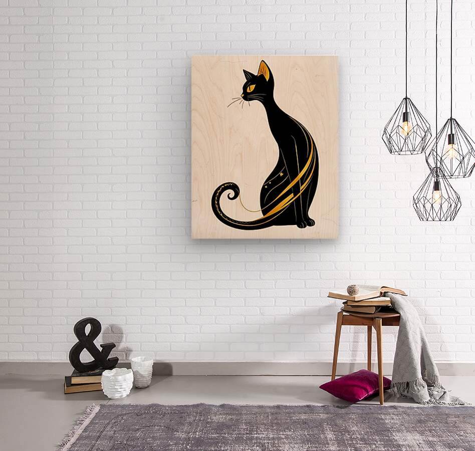 Wood panel cat art print: black cat with yellow swirls and decorative curled tail