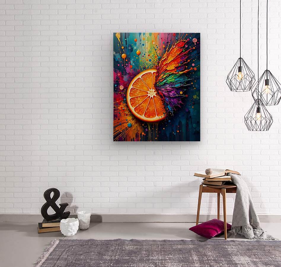 Abstract orange wall art on square canvas with sliced citrus and colorful splash.