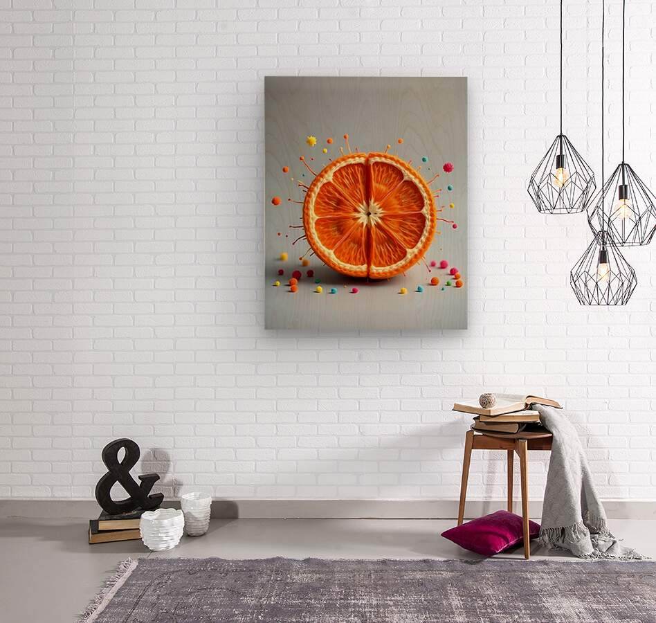 Framed wall art featuring orange citrus slice and colorful sprinkles on blue