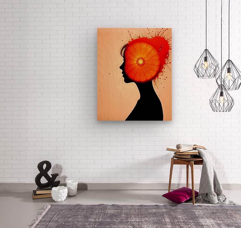 Abstract canvas wall art with black profile silhouette and vivid orange citrus burst