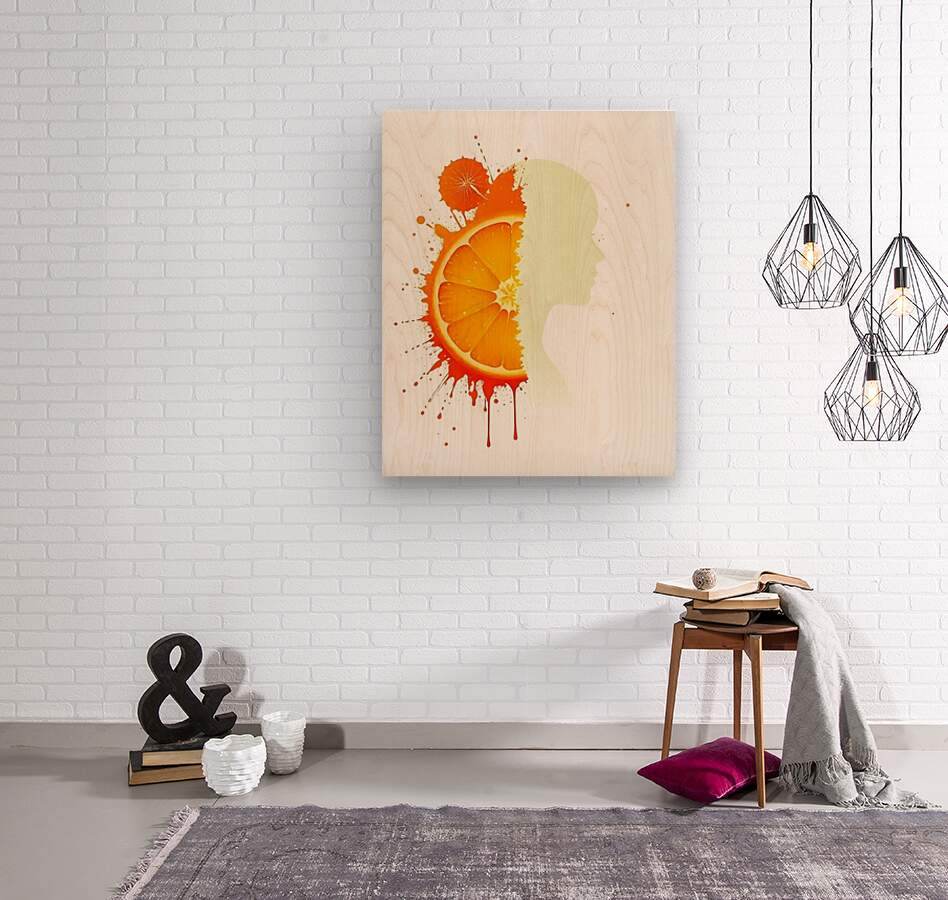 Wood panel abstract portrait print: orange citrus profile over pale yellow head silhouette splatter