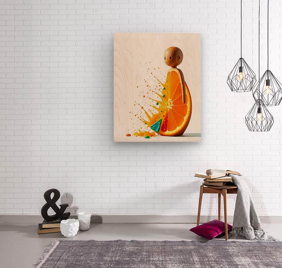 Canvas wall art featuring an abstract smiling orange character and colorful splash