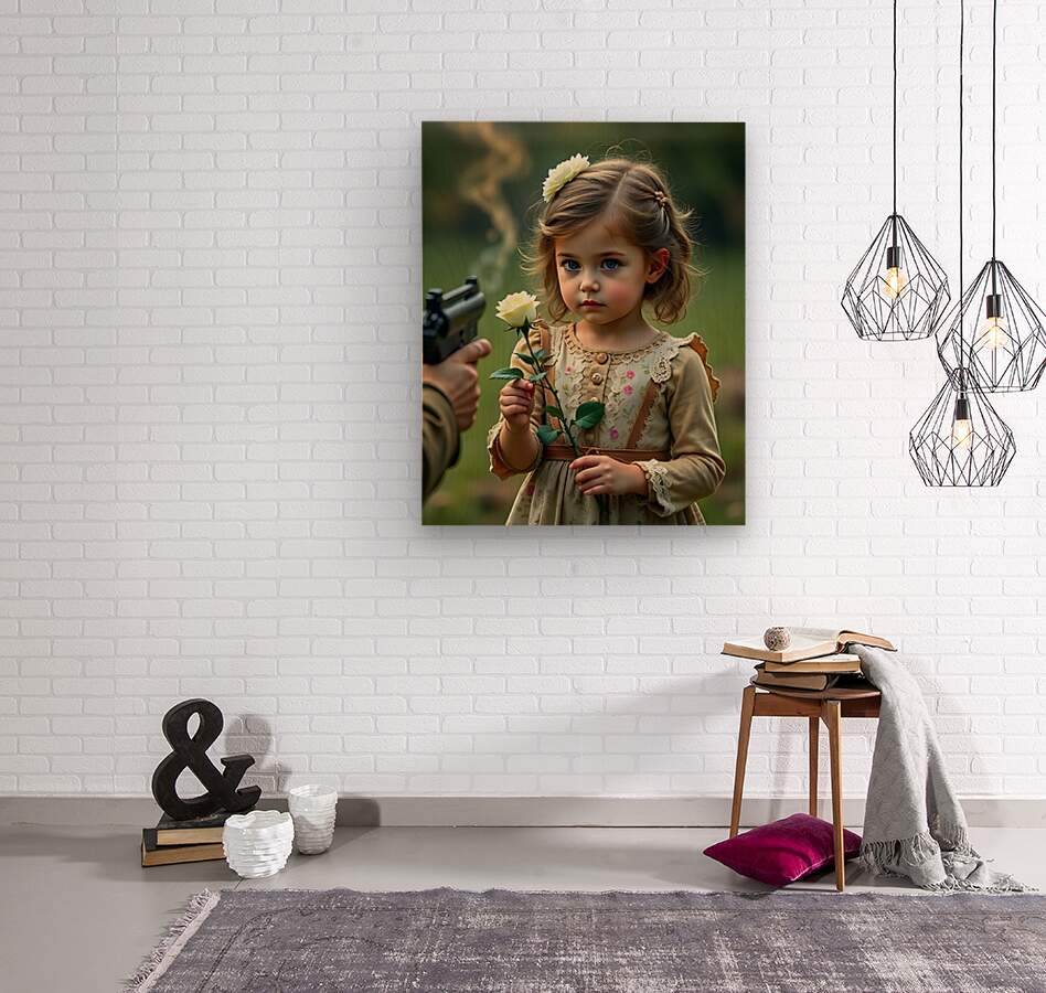Wall art print of a young girl holding a white flower on a brick wall