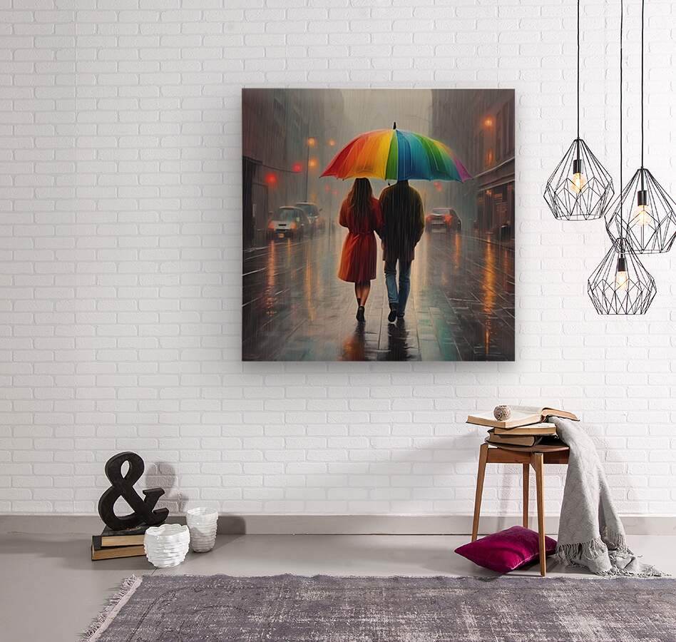 Rainbow umbrella couple artwork on a framed square canvas, woman in red dress and man in blue jeans