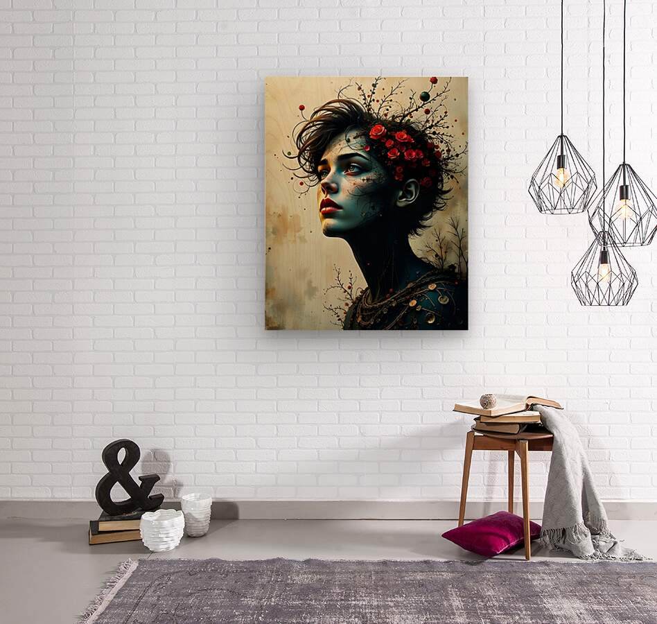 Wall-hung portrait canvas art of a blue-skinned woman in profile with red roses