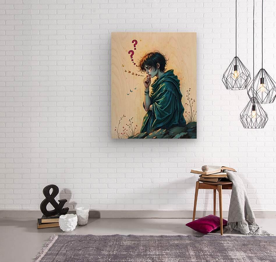 Art print on wall: woman in teal cloak, finger to lips, pink question marks and flowers