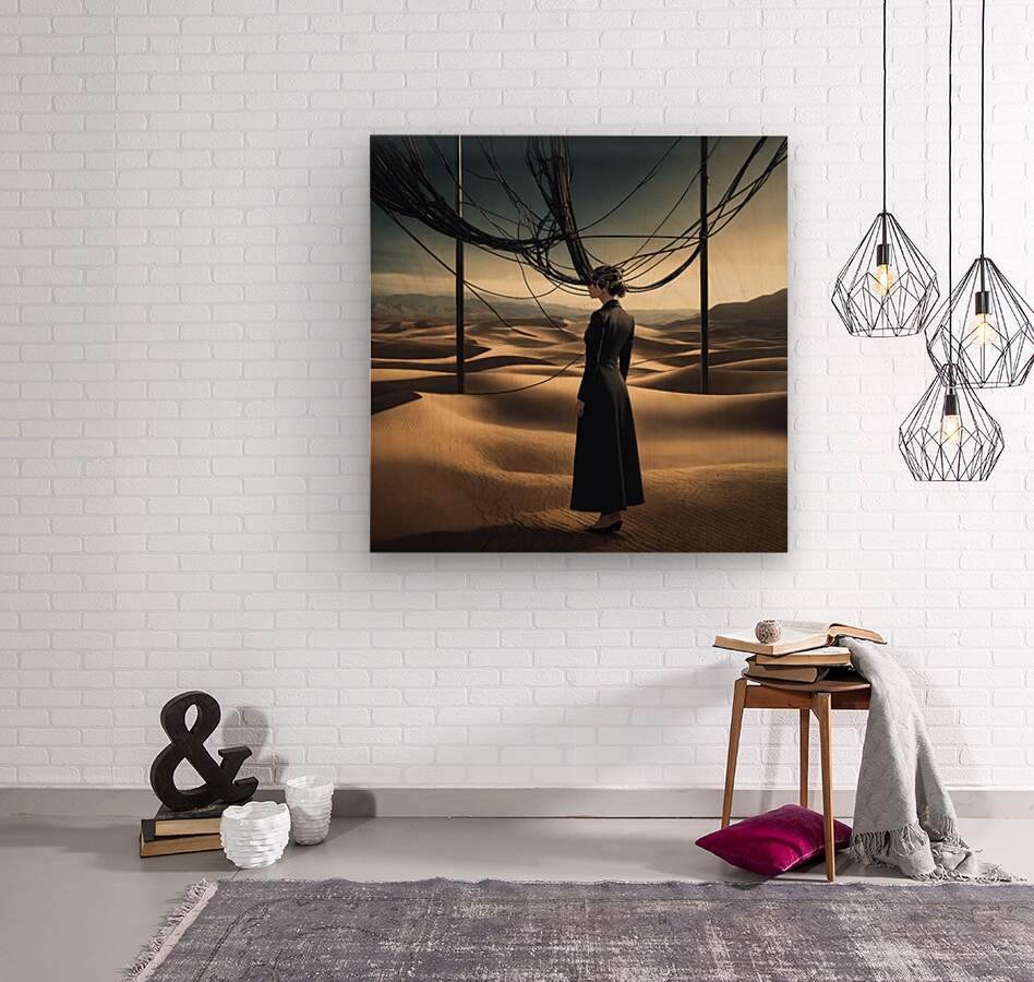 Desert portrait artwork print: woman in a long dark dress beneath black wire arches