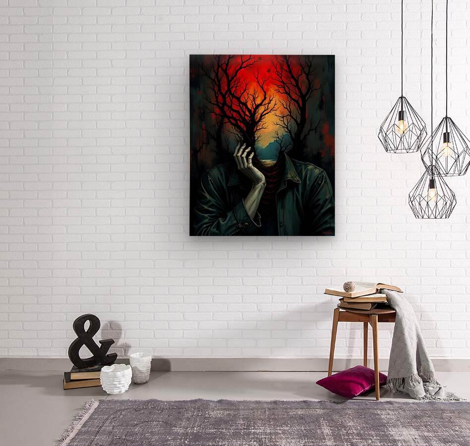 Surreal wall art with a figure hiding face while a tree emerges from the head