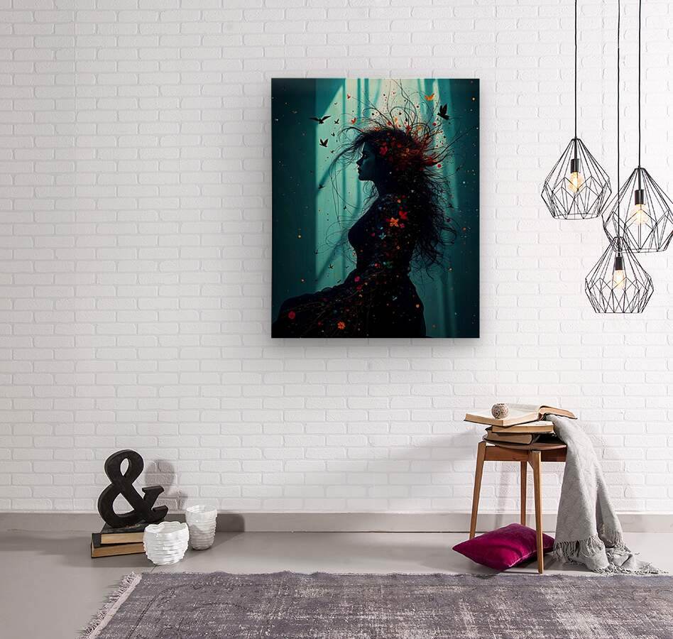 Square wall art print of a black woman profile silhouette with butterfly motifs in teal