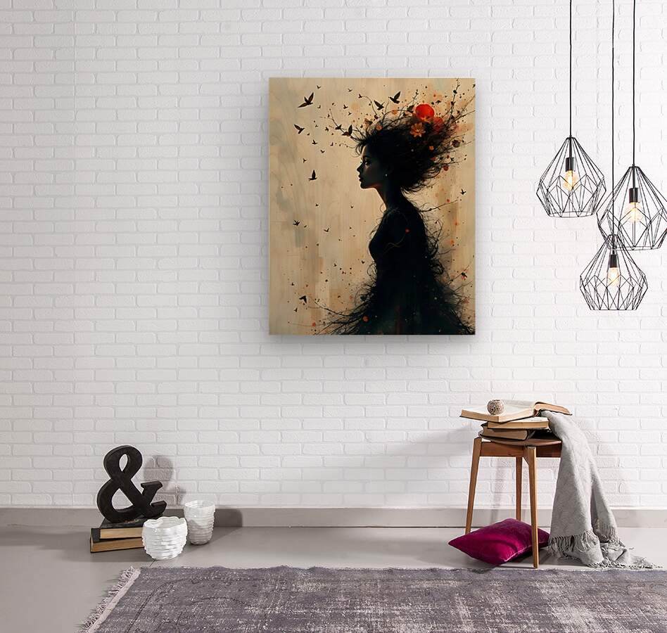 Framed wall art with a dark woman silhouette, birds in flight, and red flower splashes