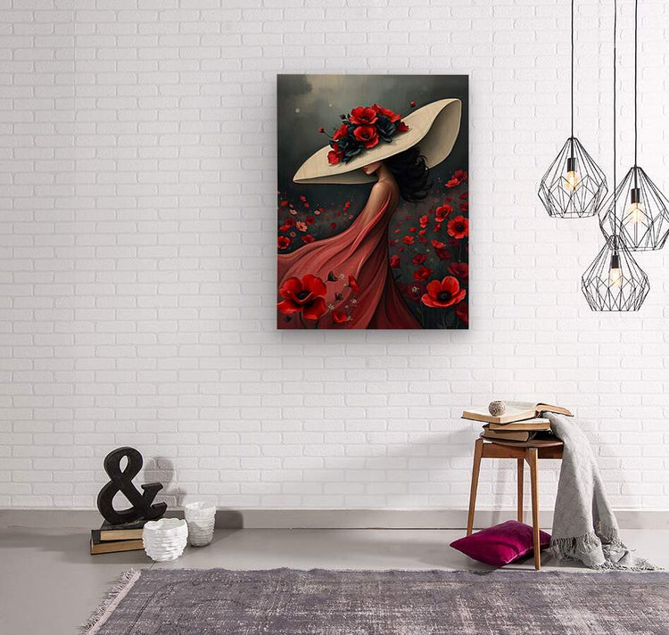Canvas floral portrait print of a woman in a white hat with red poppy flowers