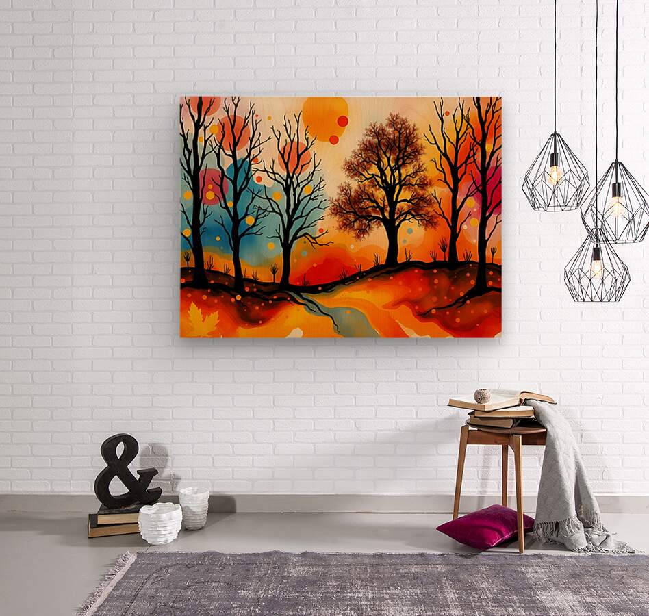Unframed abstract autumn landscape print with colorful trees and vibrant orange sunset sky.