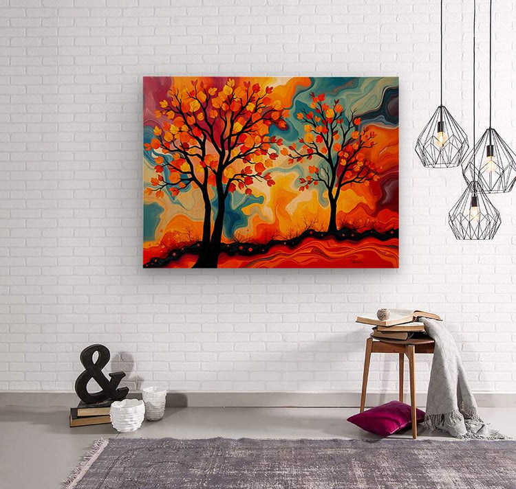 Abstract autumn trees wall art print with orange and blue sky swirls and dark tree silhouettes