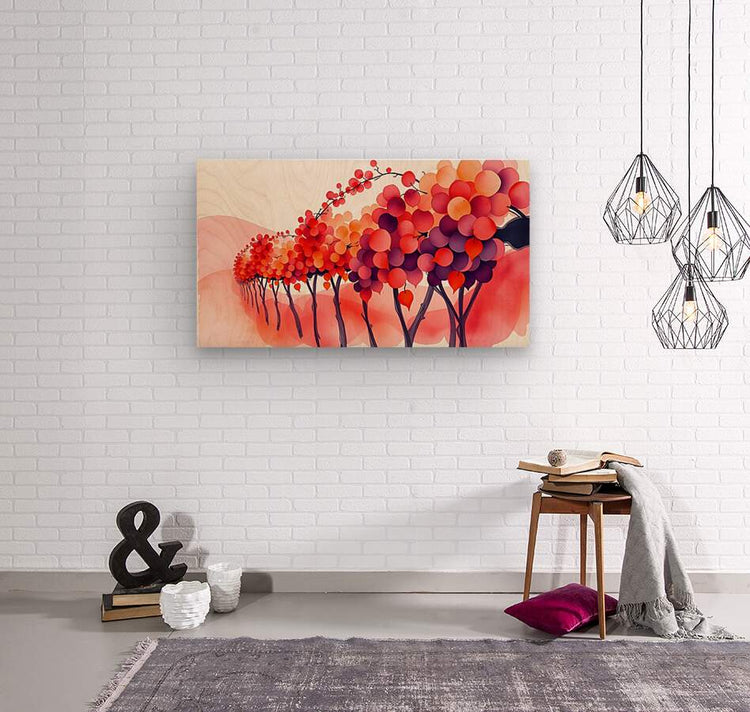 Landscape wall art print of watercolor trees with red, orange, and purple tree crowns