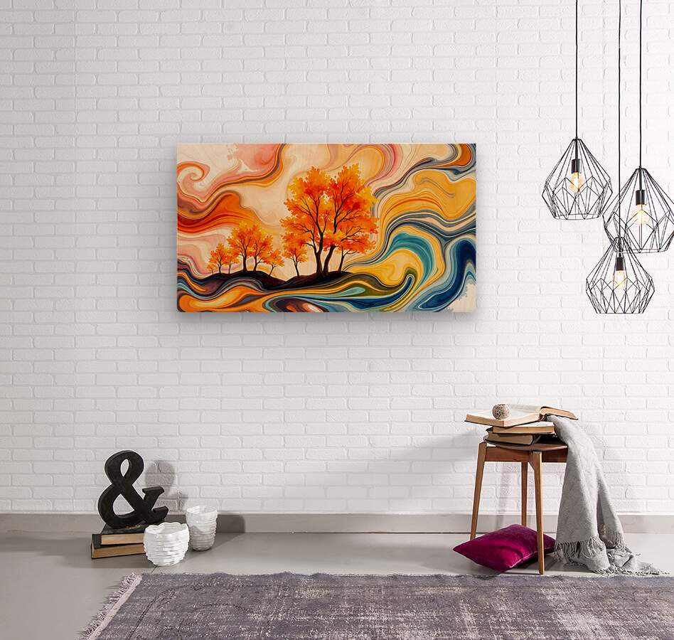 Horizontal abstract autumn landscape print with orange trees and flowing blue and yellow swirls