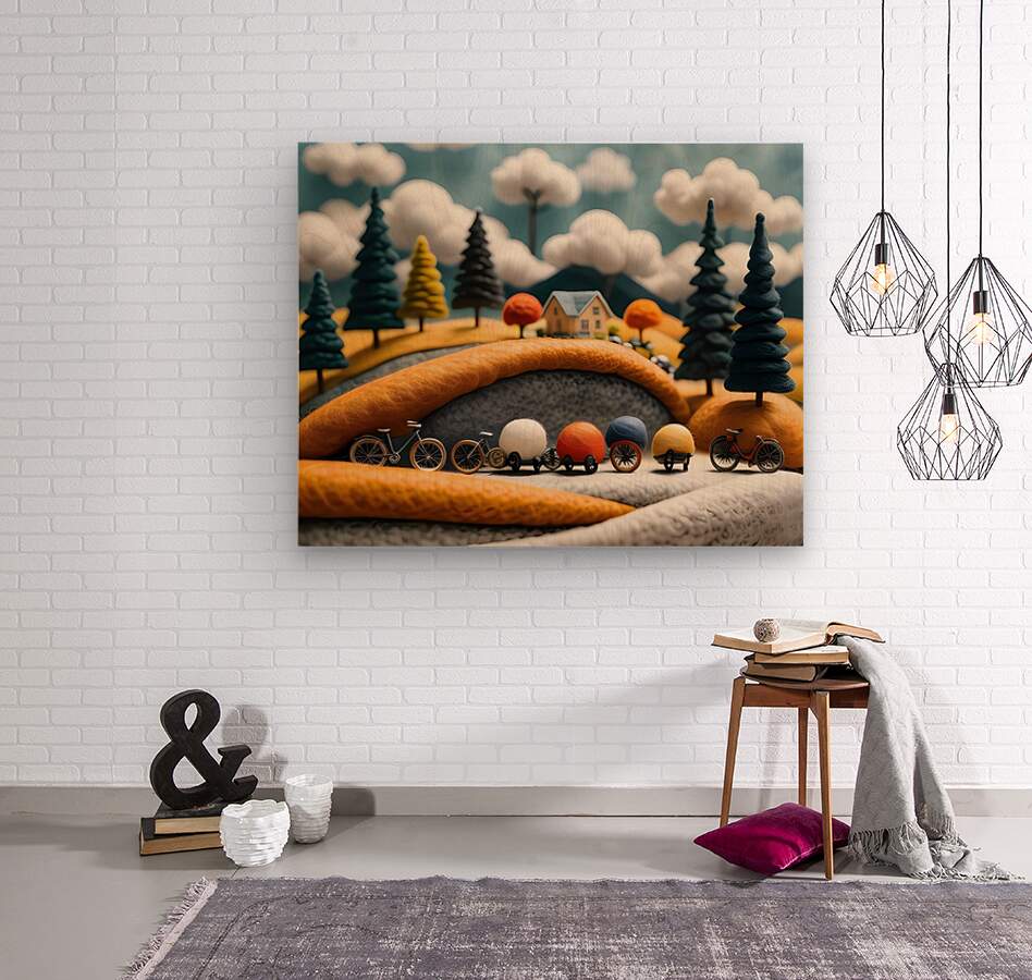 Yarn-themed landscape print with orange tunnel, toy bicycles, trees and fluffy clouds
