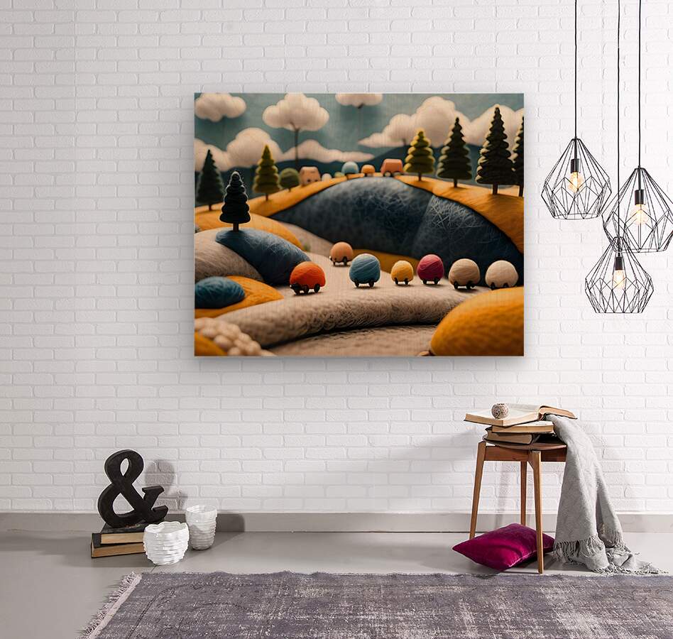 Countryside wall art of yarn cars on a blue hill with pine trees and clouds