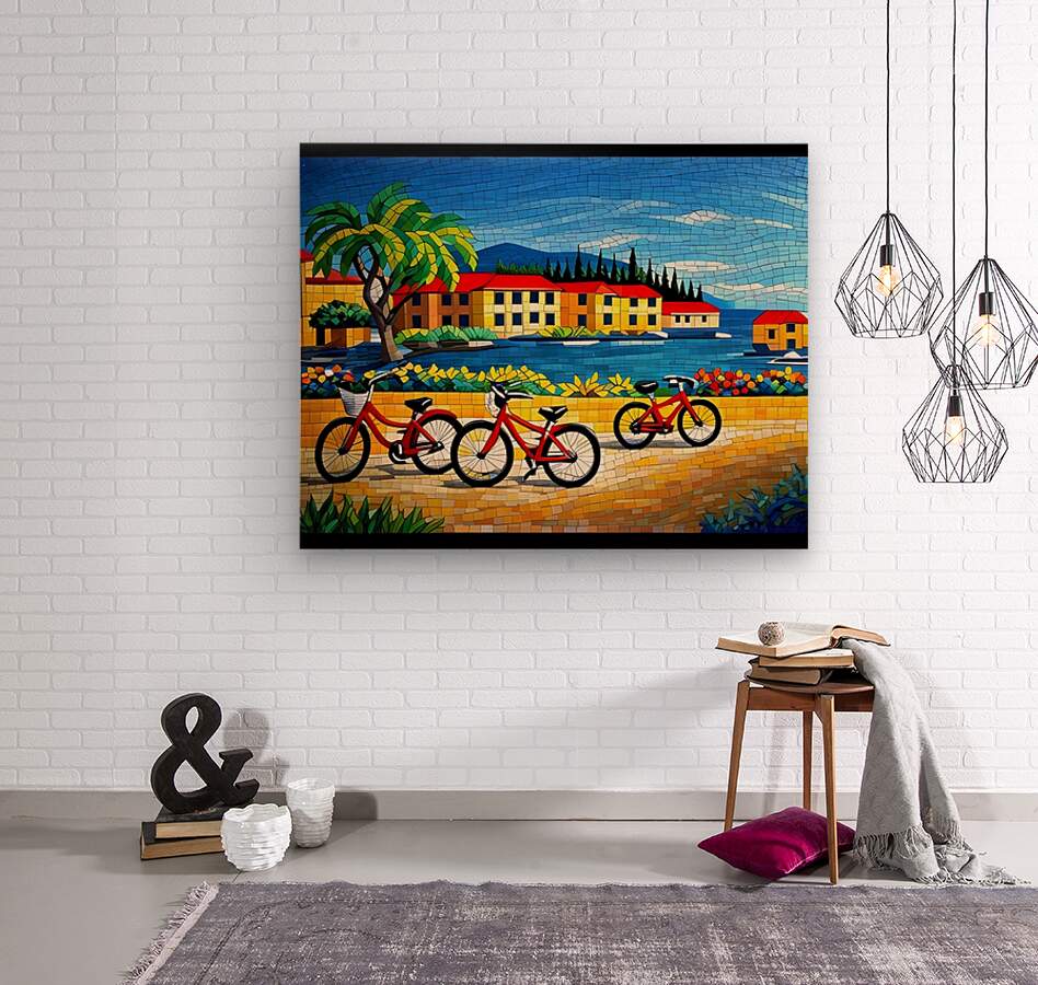Framed bicycle coastal print with black frame, red bikes, palm tree, and colorful buildings