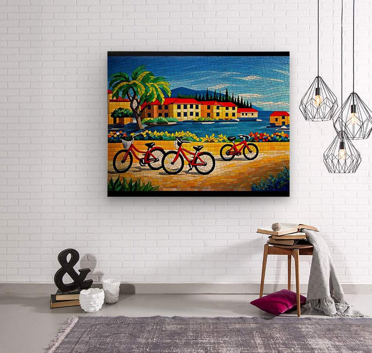 Framed bicycle coastal print with black frame, red bikes, palm tree, and colorful buildings