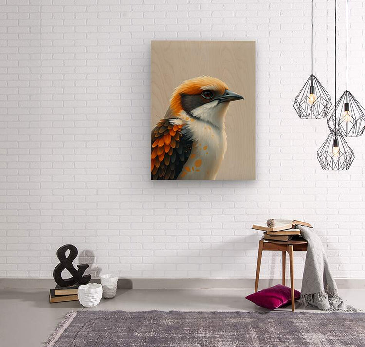 Bird portrait artwork on a square canvas with orange head, black wings, and white feather details