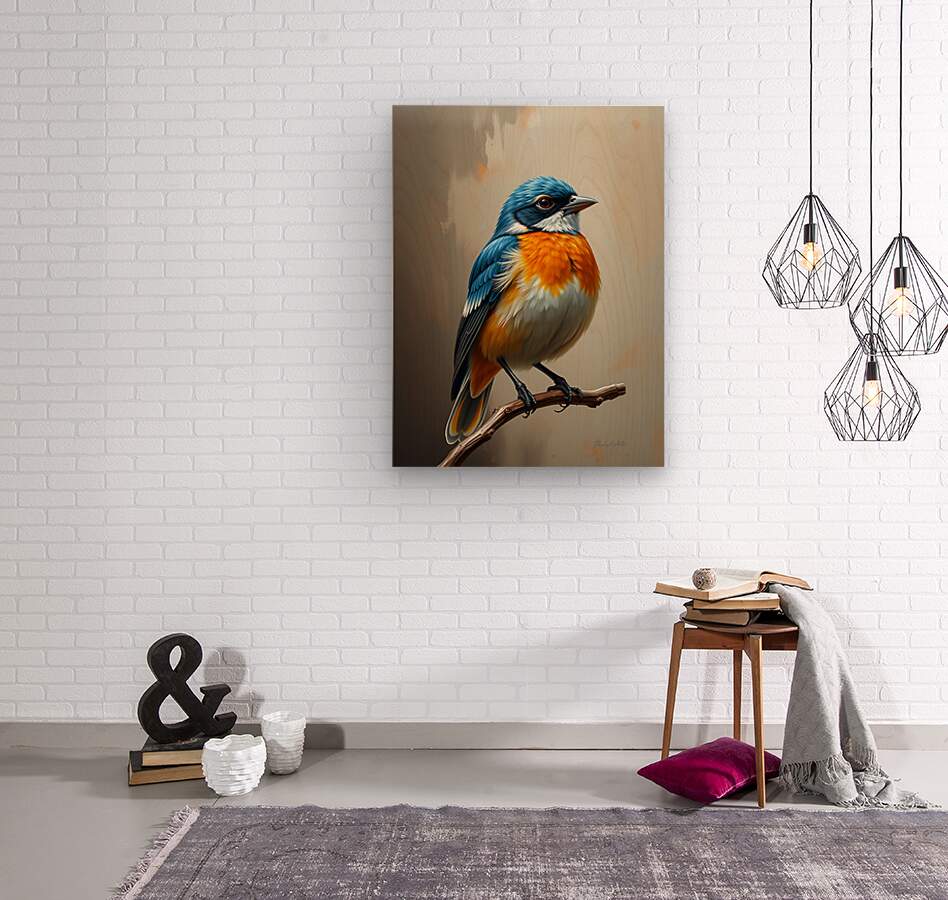 Blue and orange bird portrait square canvas print, perched on a branch