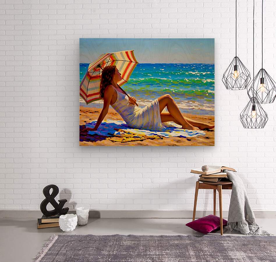Canvas-style beach painting print with a reclining woman and striped umbrella on sand.