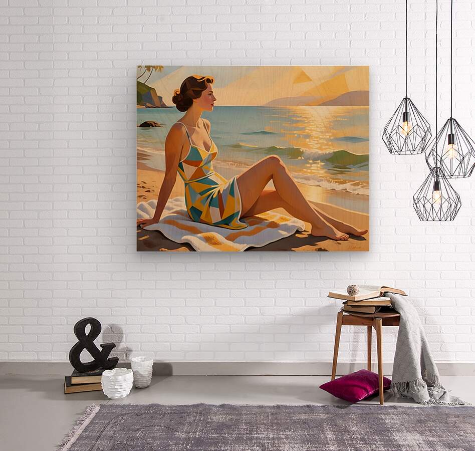 Canvas wall art with a woman reclining on a beach in a geometric swimsuit
