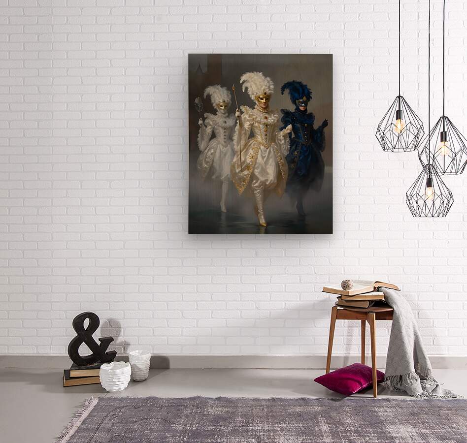 Costume masquerade trio wall art featuring white, gold, and blue masked performers