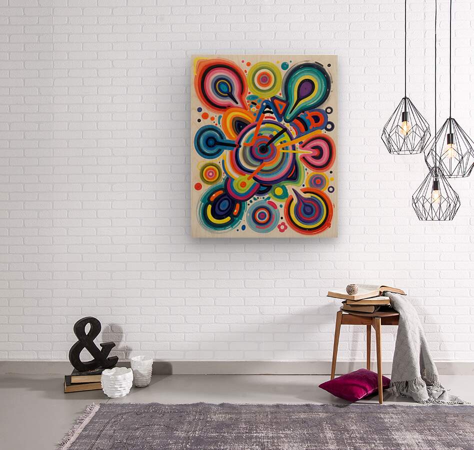 Square abstract circular wall art with rainbow loop shapes and dot speckles