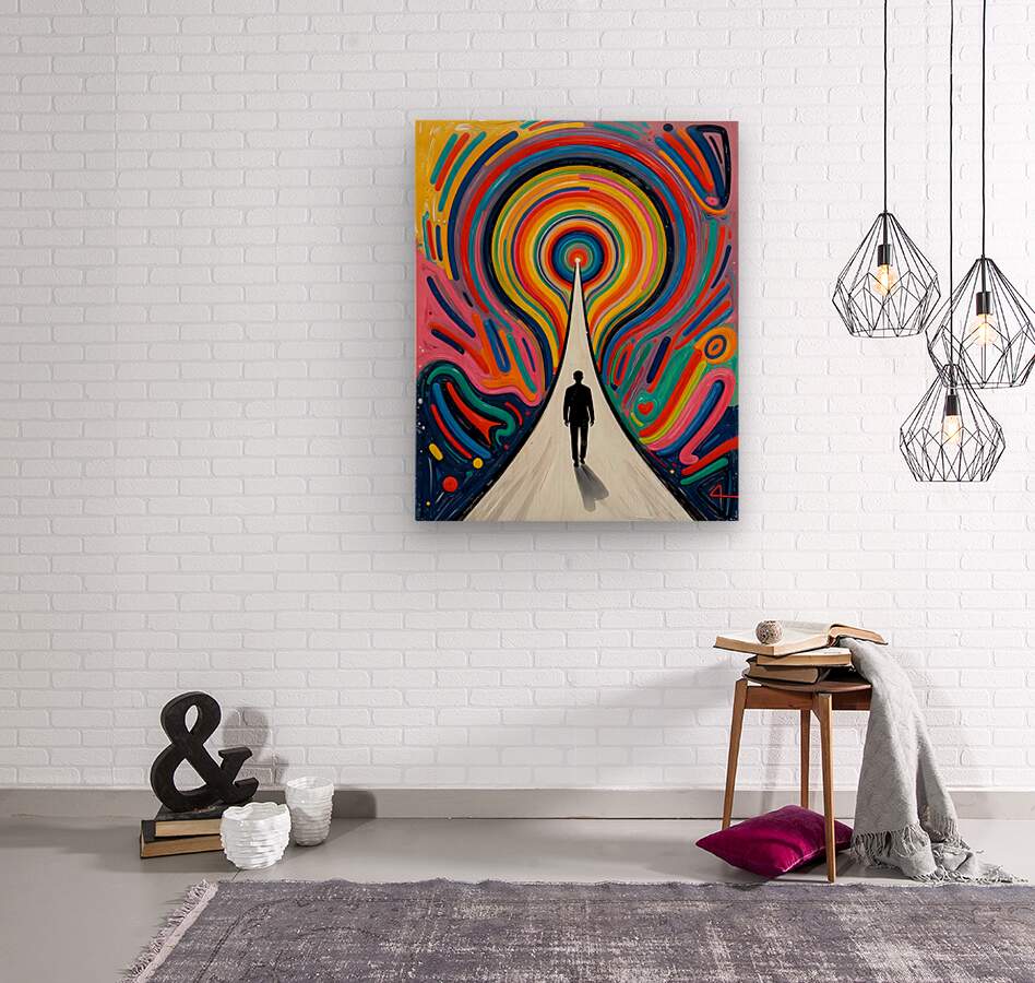 Rainbow vortex wall art hanging on white brick wall, central figure on white path and rainbow swirls