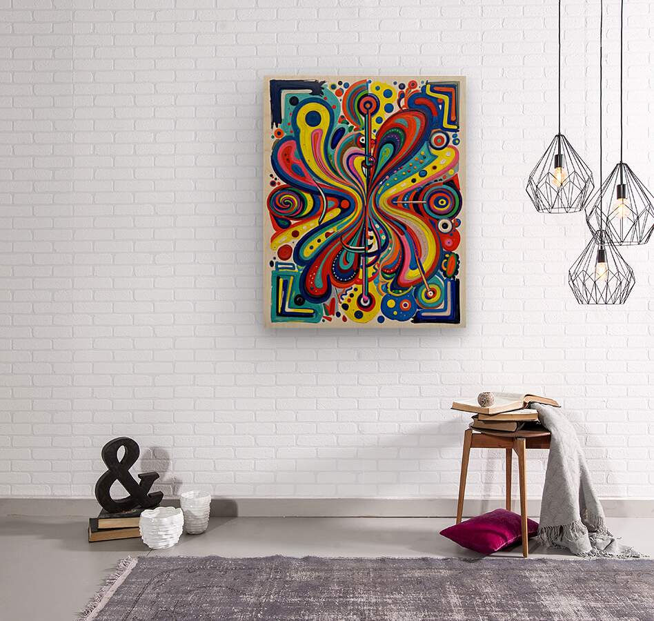 Framed abstract wall art with colorful swirl lines and dotted circular shapes in center