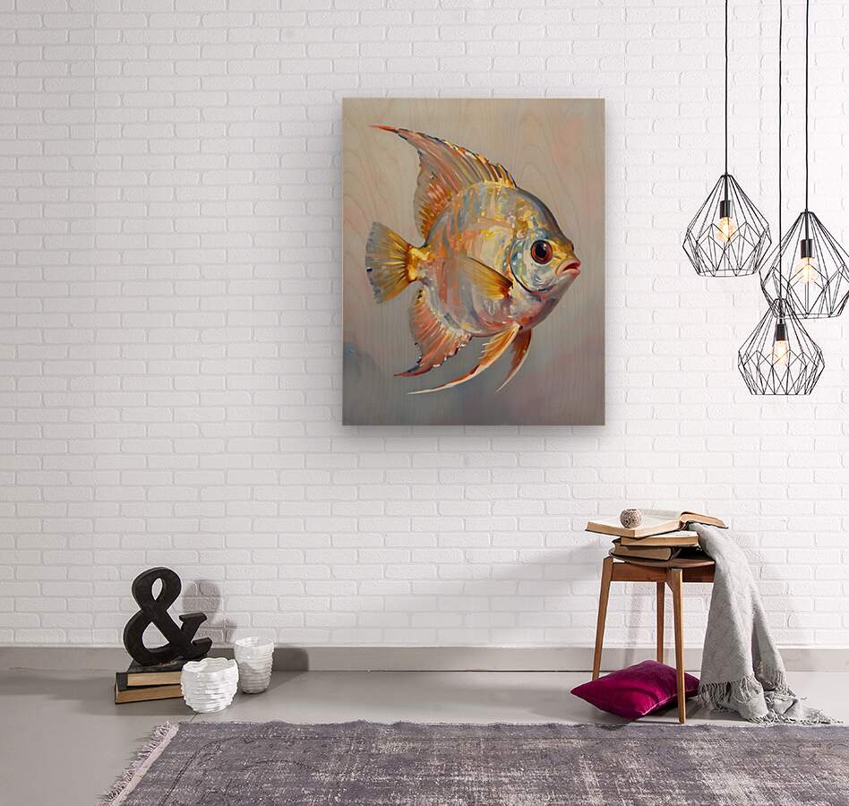 Tropical fish metal wall print featuring a single orange and blue fish illustration.