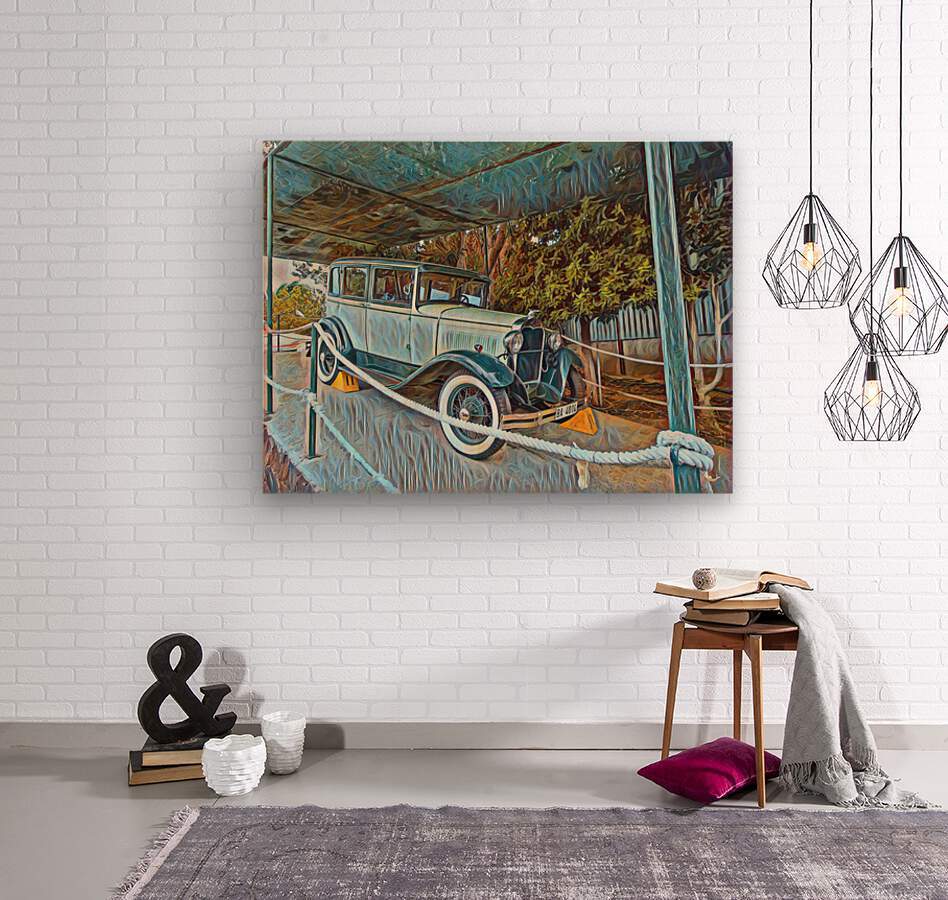 Framed wall art featuring a vintage blue car on a walkway with trees and railing.