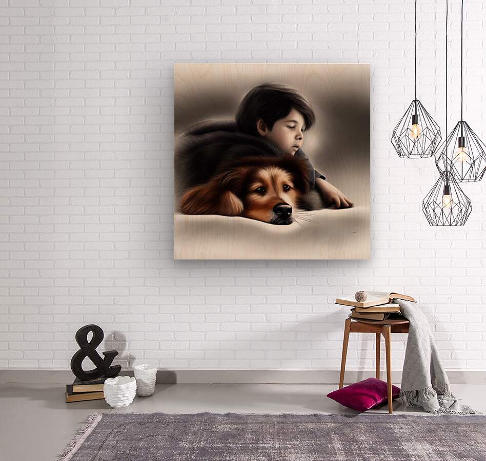 Mounted wall art print of a child and brown dog sleeping