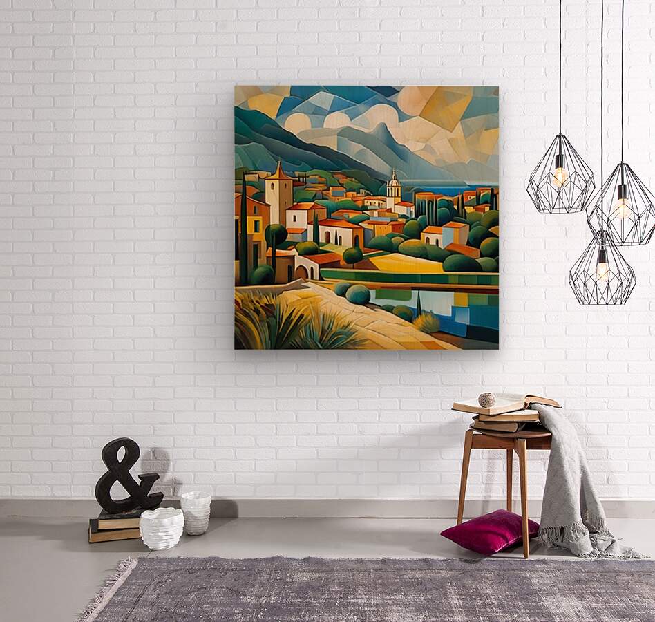 Colorful geometric landscape canvas wall art on white brick with village houses and blue hills.