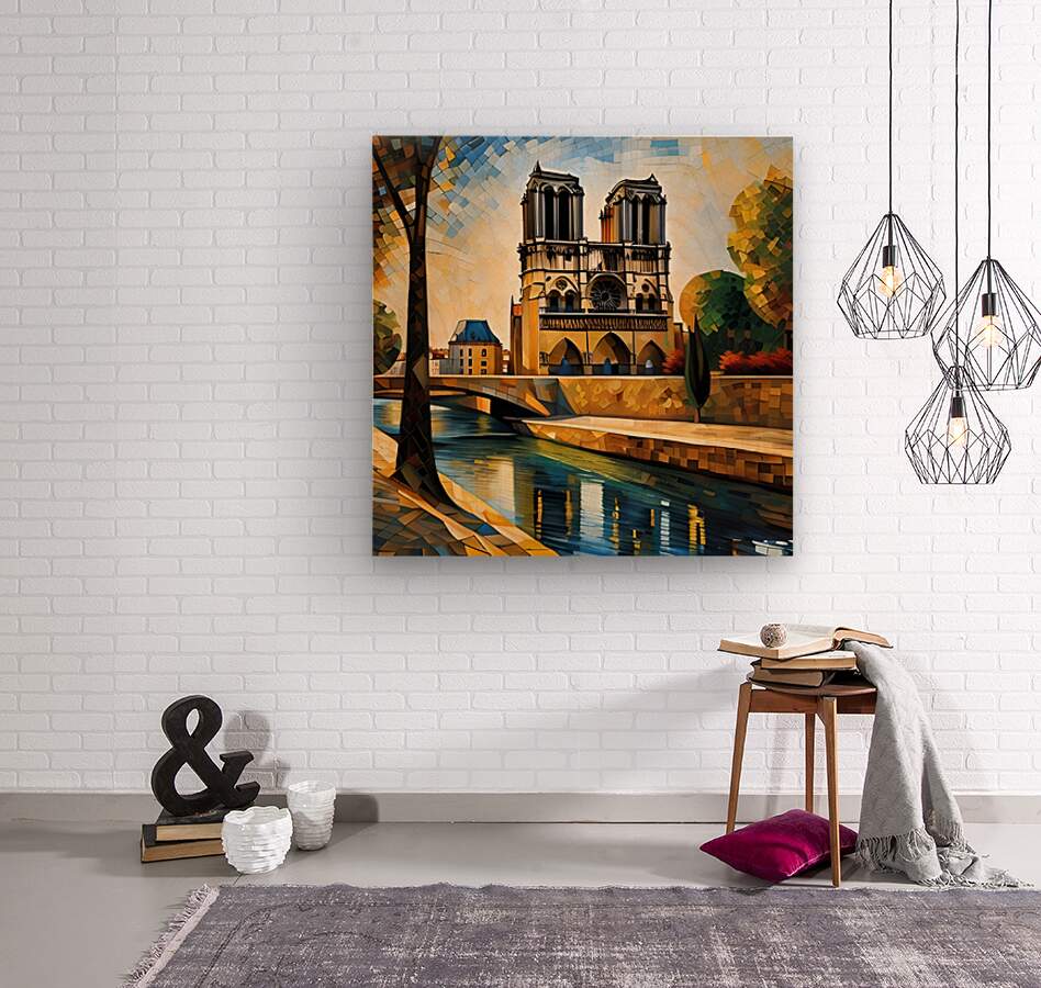 Unframed mosaic architectural wall art print of cathedral towers over a river