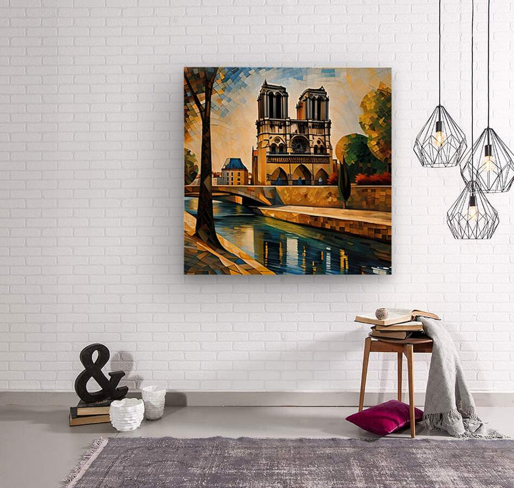 Unframed mosaic architectural wall art print of cathedral towers over a river