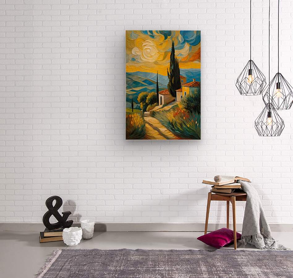 Framed landscape wall art print with yellow-blue clouds, cypress tree, and village path