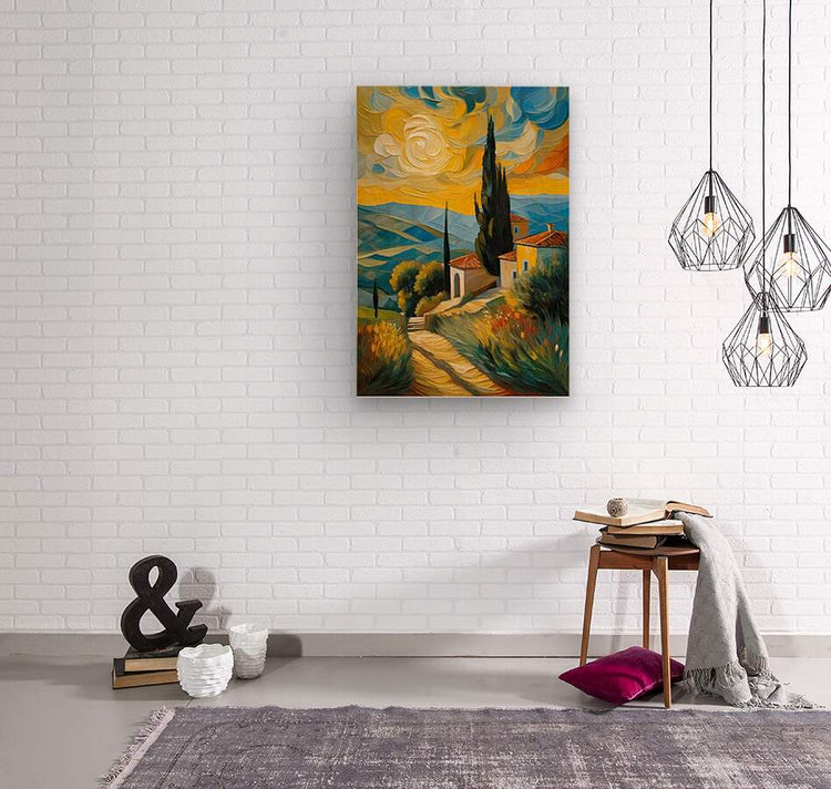 Framed landscape wall art print with yellow-blue clouds, cypress tree, and village path